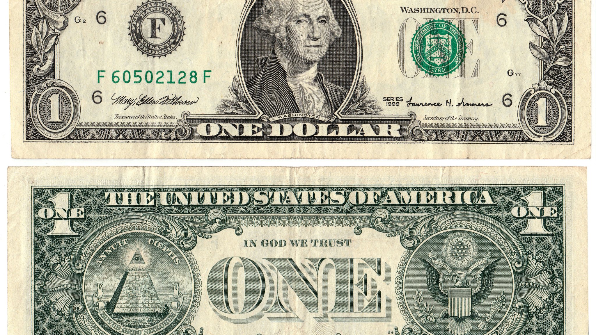 Front and back of a United States one-dollar banknote from the 1999 series.